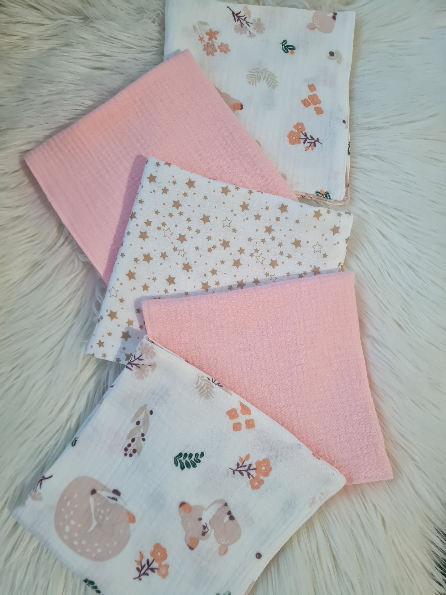 Muslino merliukų komplektas mergaitei 40/40 cm 5 vnt