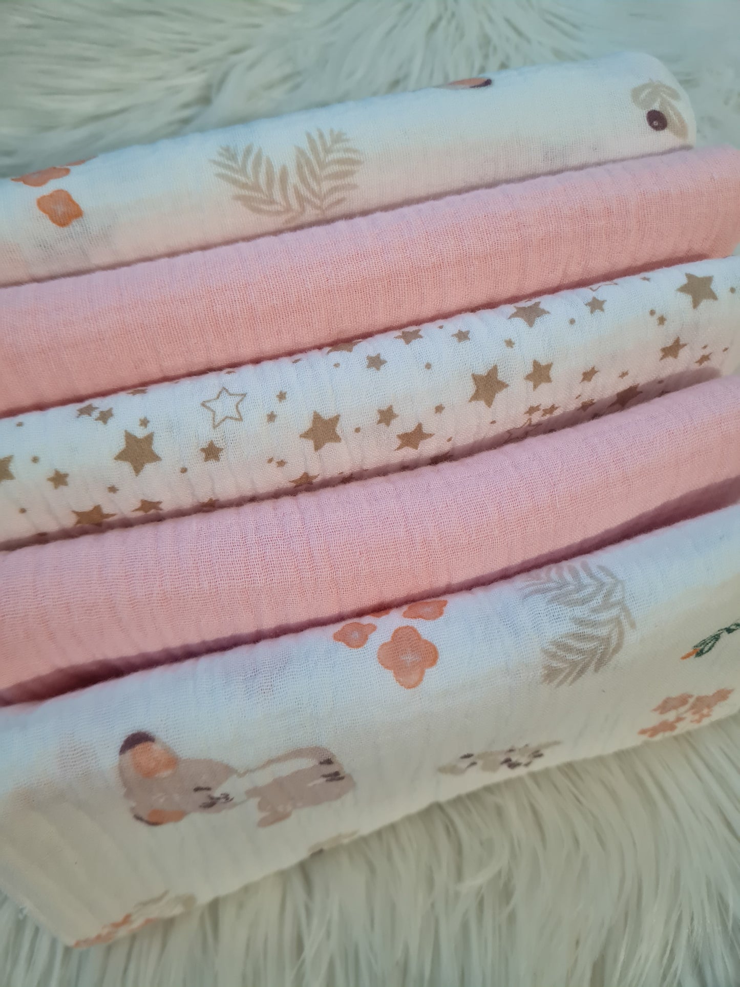 Muslino merliukų komplektas mergaitei 40/40 cm 5 vnt